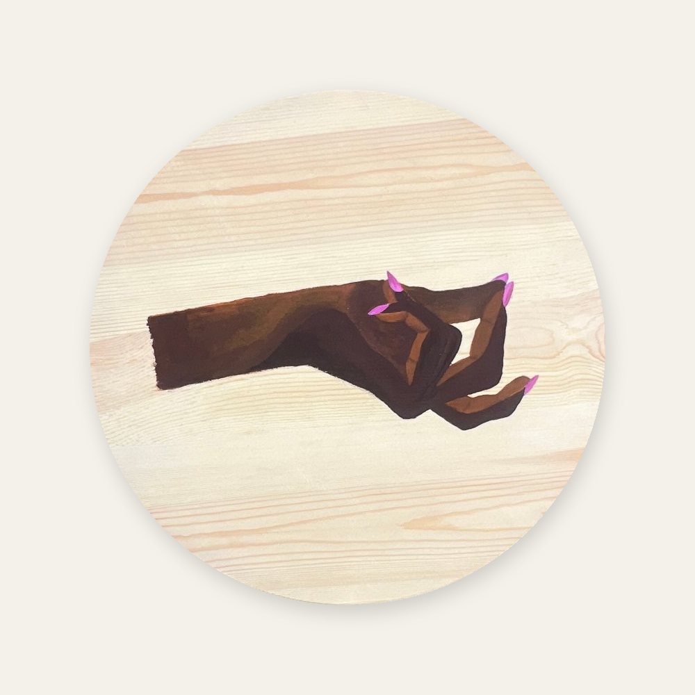 Hand on pine — Acrylic on pine round · [Year]